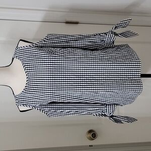Como Vintage Size S Black & White Gingham Check Blouse 3/4 Sleeve, Cold Shoulder